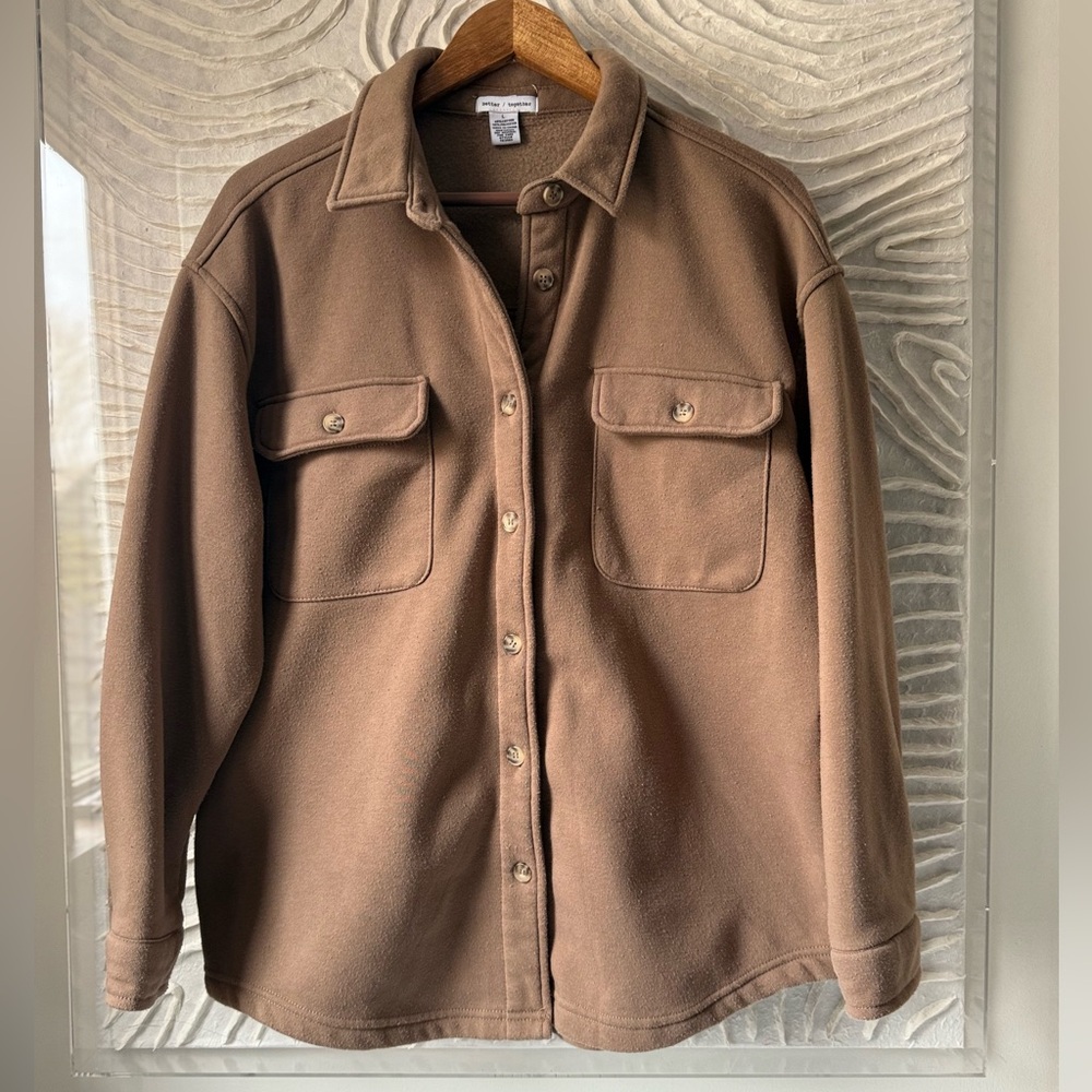WMNS Brown Oversized Button Down Shirt Jacket Shacket Boyfriend Cozy Warm Large